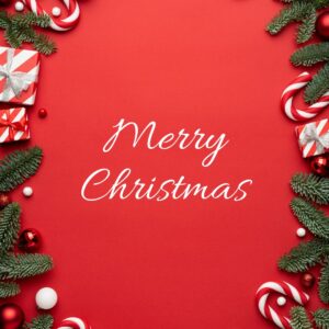 Merry Christmas text and Christmas decorations