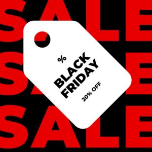 Sale in red text with a image of a shopping tag with Black Friday 20% Off in black text.