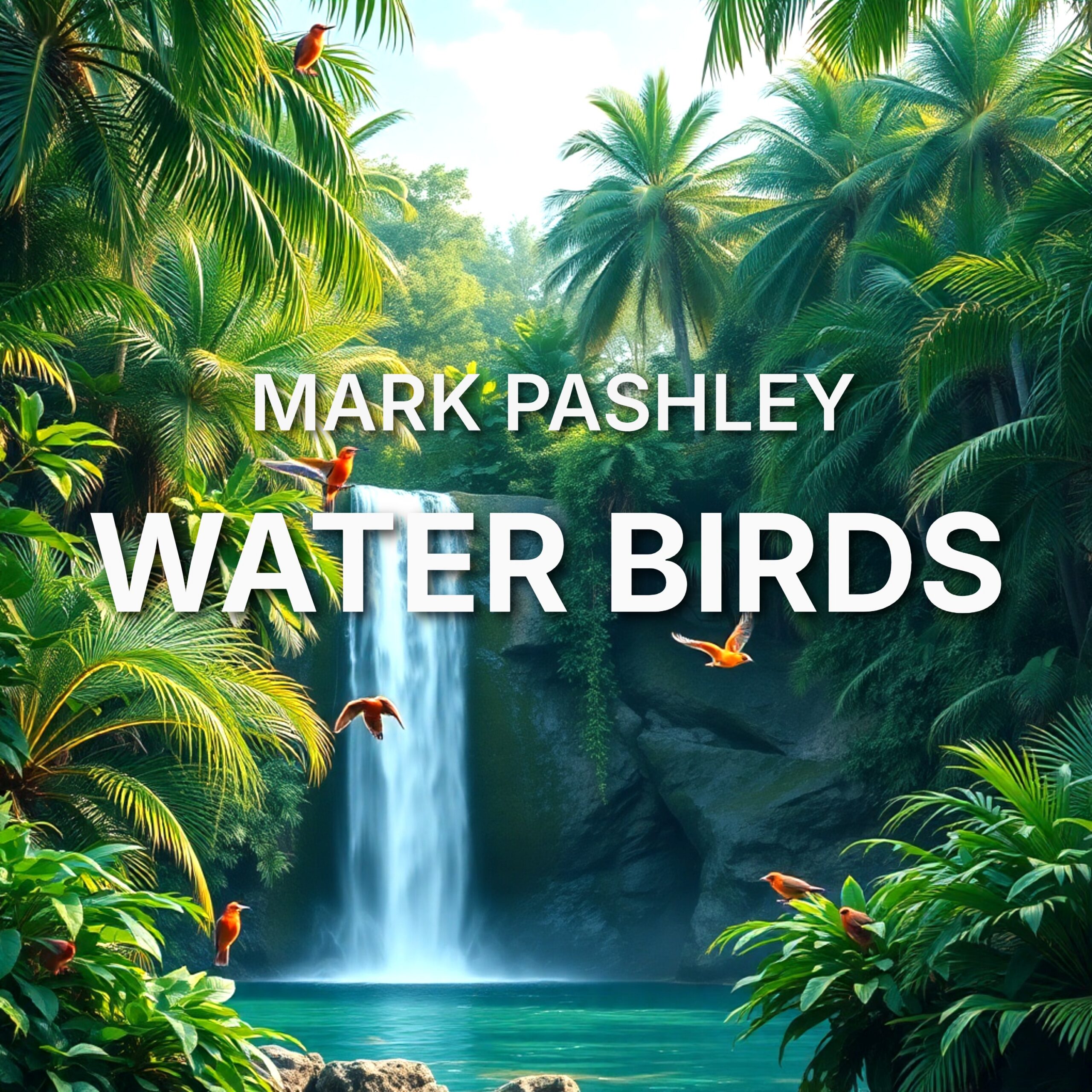 Single artwork with Mark Pashley in white text in the centre of the image with a background of trees, birds and a waterfall.